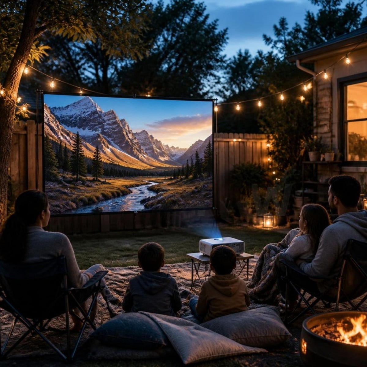 Cinema ao ar livre no quintal com a tela de projeção