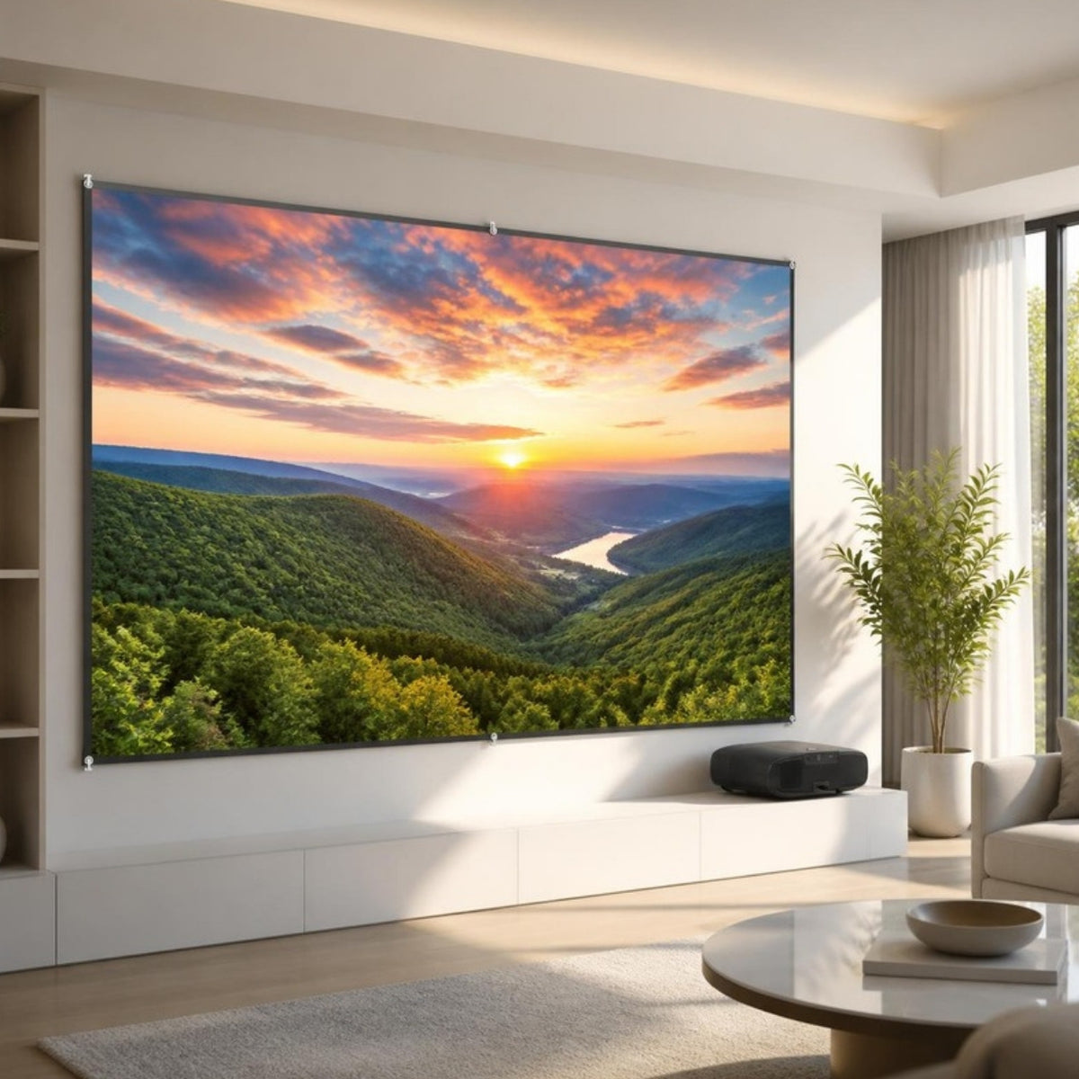 Tela de projeção na sala com paisagem, luz do dia