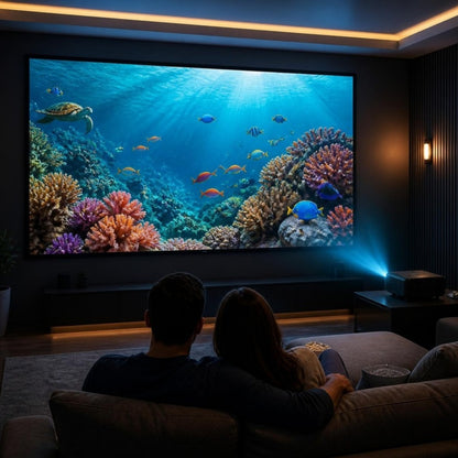 Home theater à noite com a tela de projeção