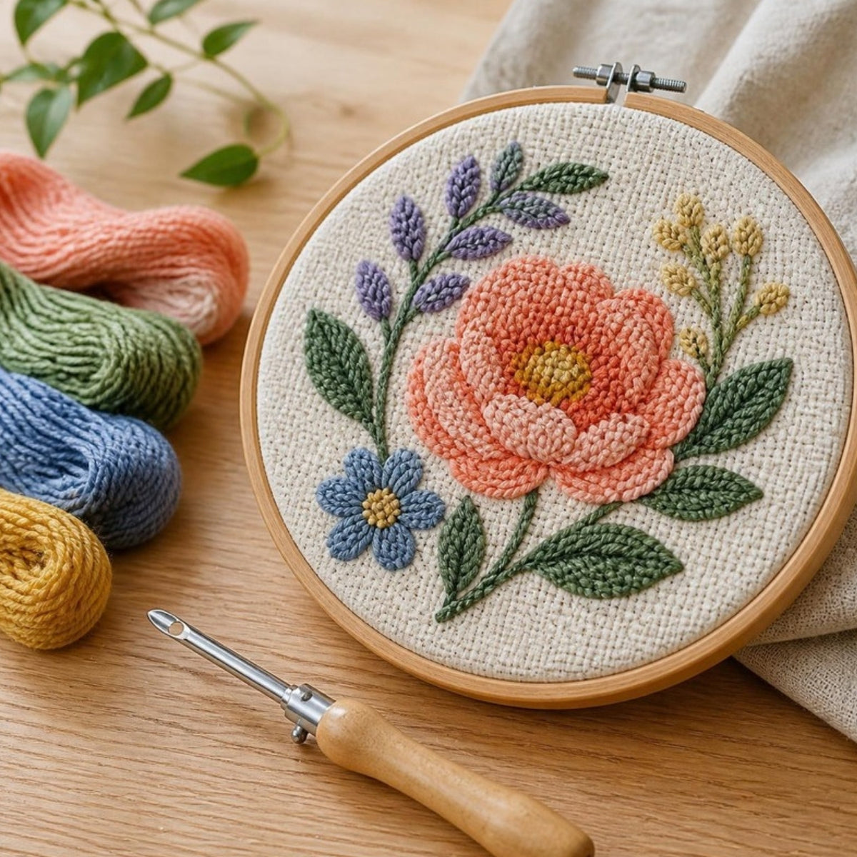 Bordado floral finalizado no bastidor com a agulha de punch needle e novelos ao lado
