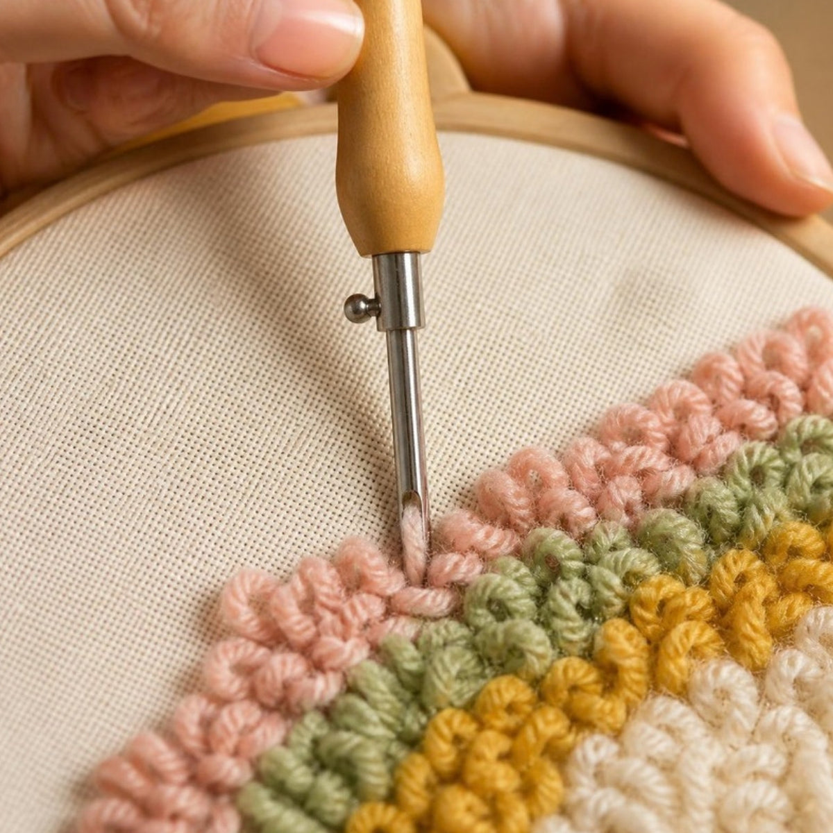 Close da agulha de punch needle formando loops de la colorida no tecido