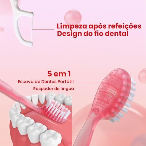 Escova Descartável 5 em 1 - raspador de língua e fio dental