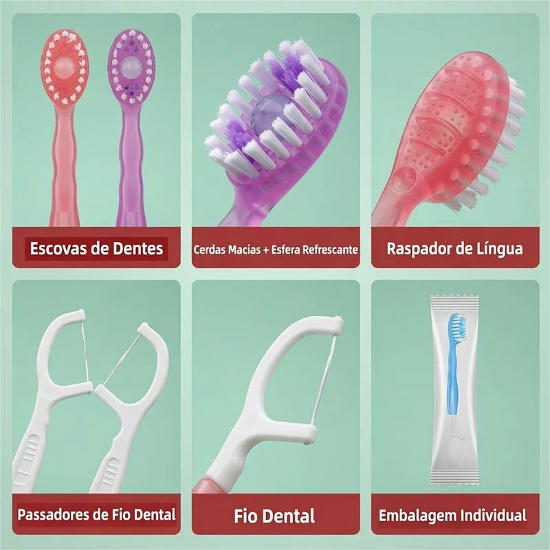 Escova Descartável 5 em 1 - escova, fio dental, raspador e embalagem individual