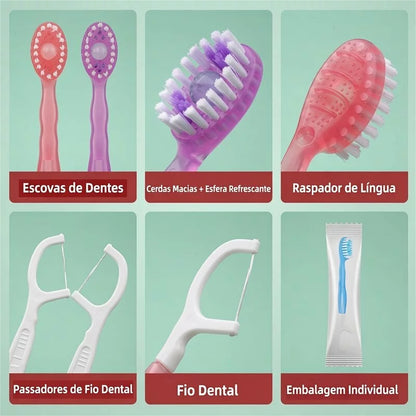 Escova Descartável 5 em 1 - escova, fio dental, raspador e embalagem individual