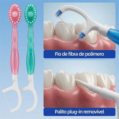 Escova Descartável 5 em 1 - fio dental de fibra e palito removível